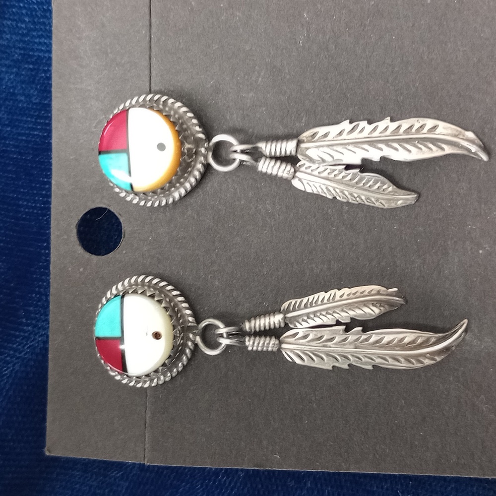 Sterling Silver Feather Earrings with SunFace Multicolor Inlay Studs Signed PH - Picture 5 of 15